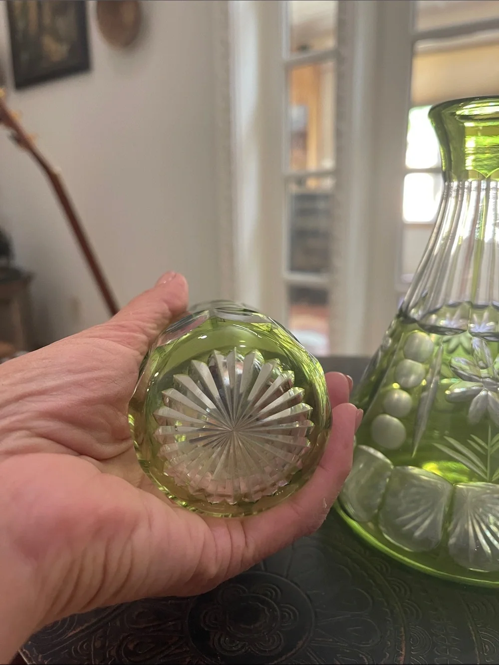 Antique Green Tumble Up Uranium Glass Decanter